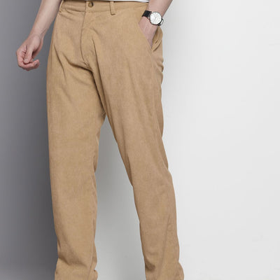 Men's Khaki Straight Fit Textured Trousers