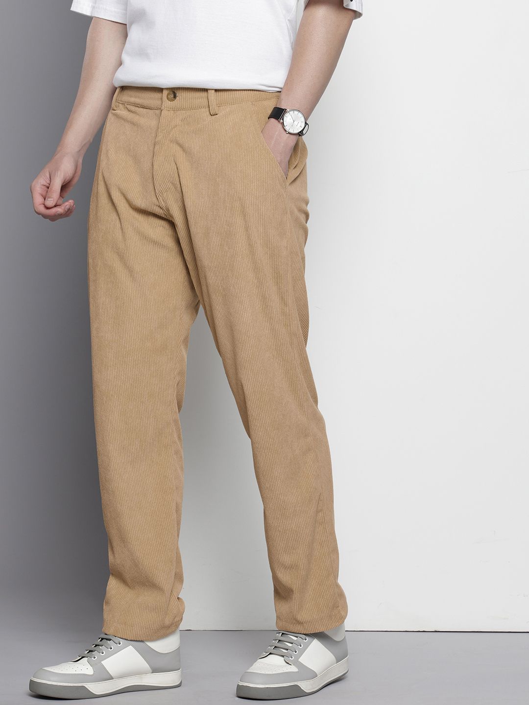 Men's Khaki Straight Fit Textured Trousers