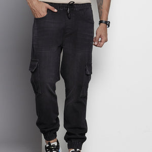 Men's Black Regular Fit Solid Stretchable Denim Joggers