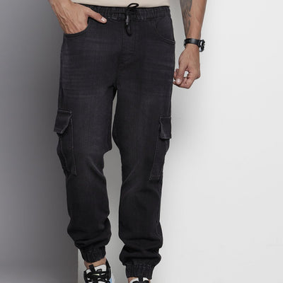 Men's Black Regular Fit Solid Stretchable Denim Joggers