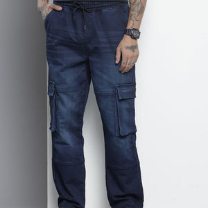 Men's Blue Relaxed Fit Solid Denim Joggers