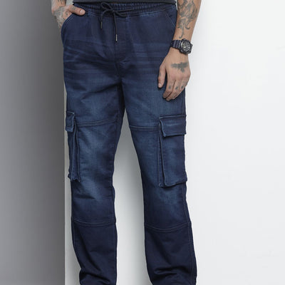 Men's Blue Relaxed Fit Solid Denim Joggers