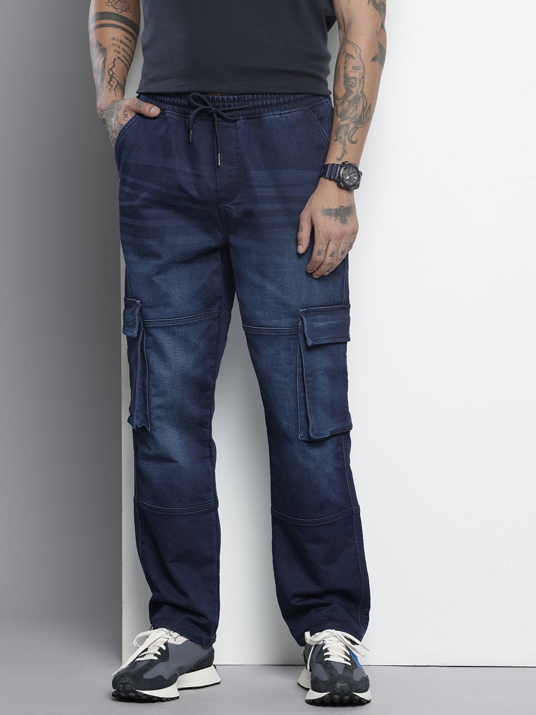Men's Blue Relaxed Fit Solid Denim Joggers