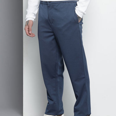 Men's Blue Regular Fit Solid Chinos