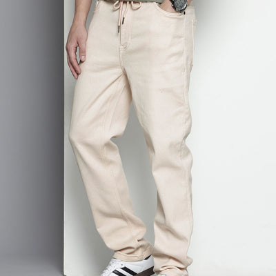 Men's White Regular Fit Solid Denim Joggers