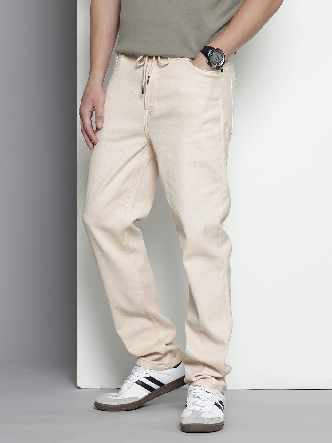 Men's White Regular Fit Solid Denim Joggers