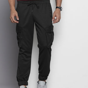 Men's Black Relaxed Fit Textured Cargo Joggers