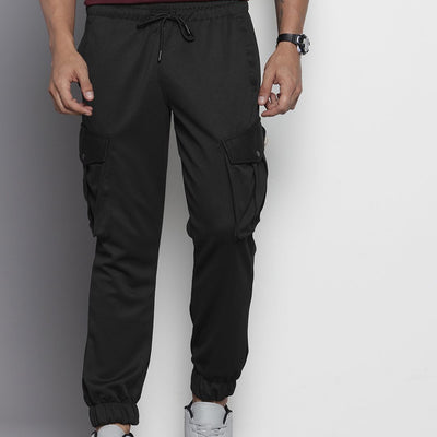 Men's Black Relaxed Fit Textured Cargo Joggers