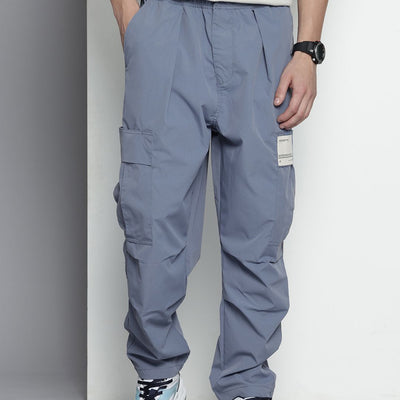 Men's Blue Loose Fit Textured Cargos