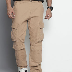 Men's Beige Relaxed Fit Solid Cargos