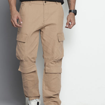 Men's Beige Relaxed Fit Solid Cargos
