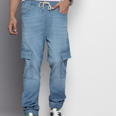 Men's Blue Regular Fit Solid Stretchable Denim Cargo Joggers