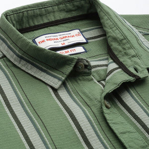Men's Green Slim Fit Striped Casual Shirt