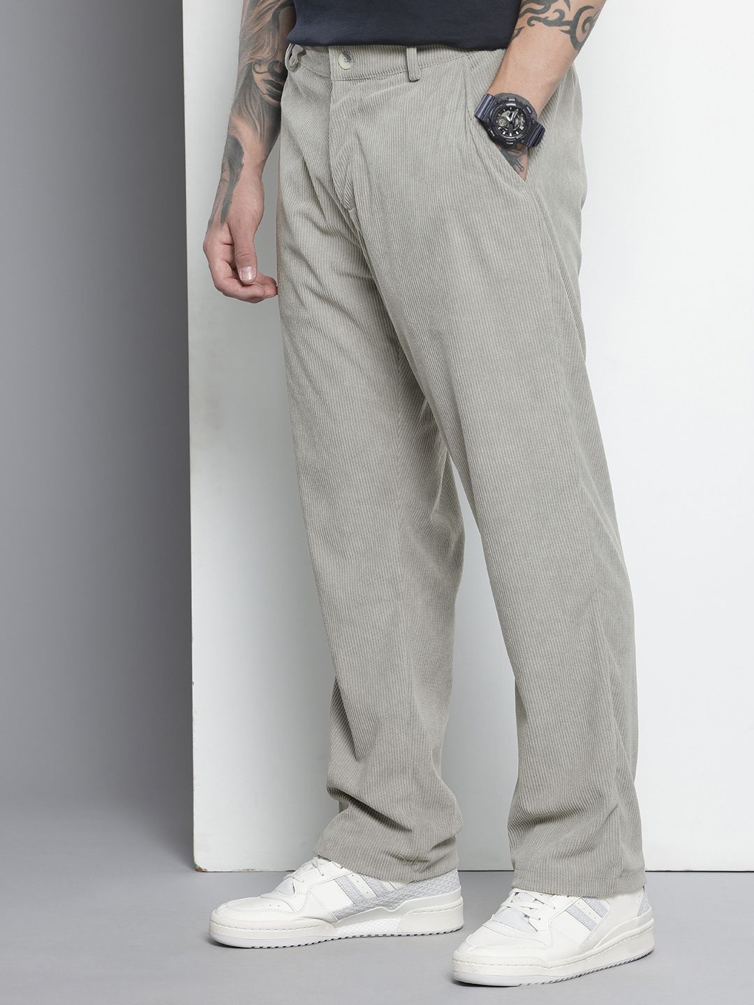 Men's Grey Straight Fit Textured Trousers