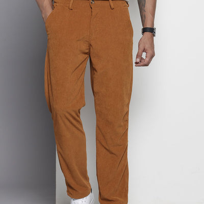 Men's Brown Straight Fit Textured Trousers