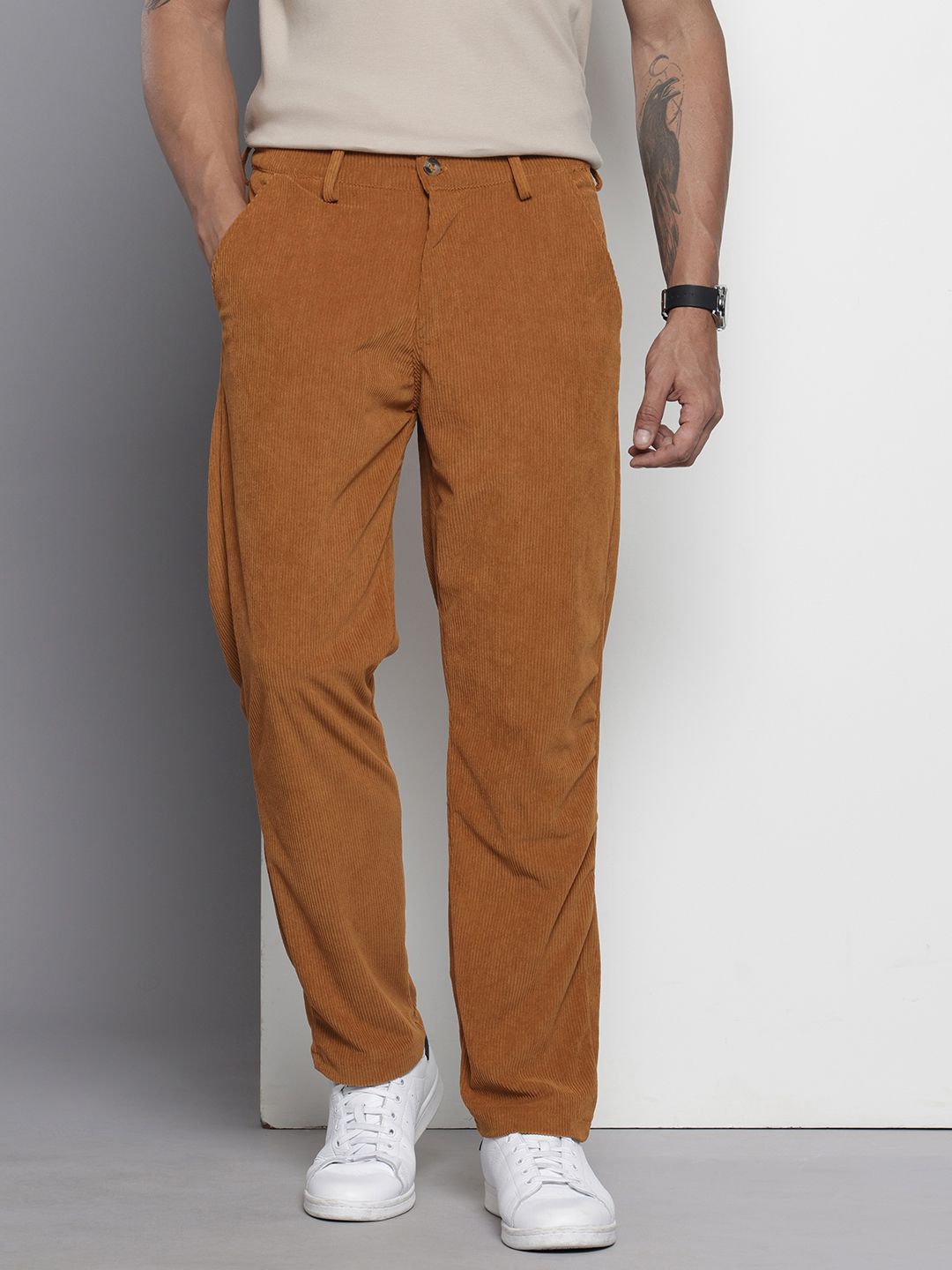 Men's Brown Straight Fit Textured Trousers
