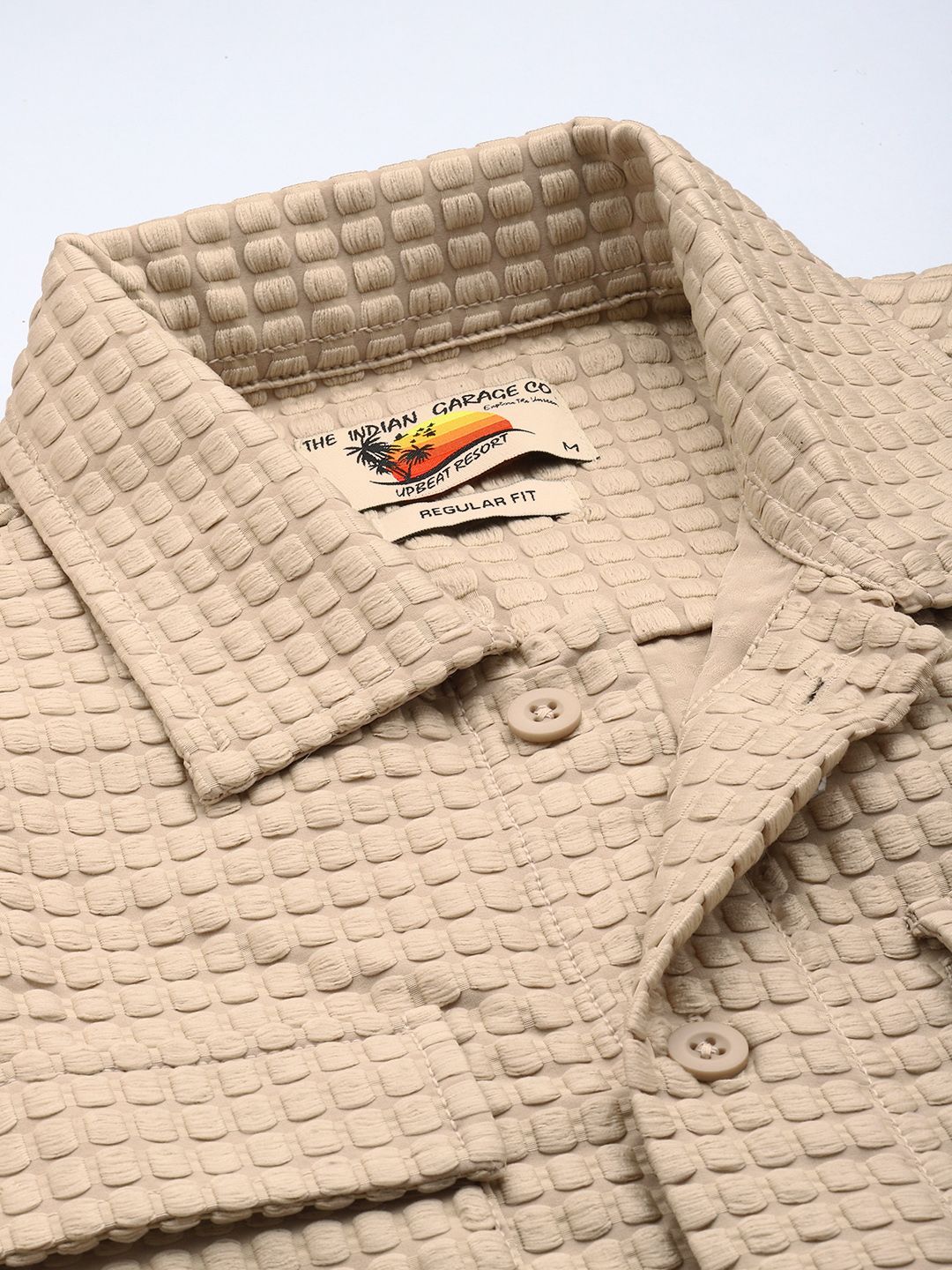 Men's Cream Regular Fit Textured Resort Wear Shirt