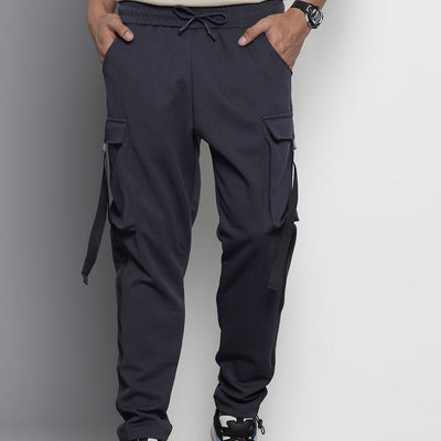 Men's Grey Tapered Fit Solid Cargo Joggers