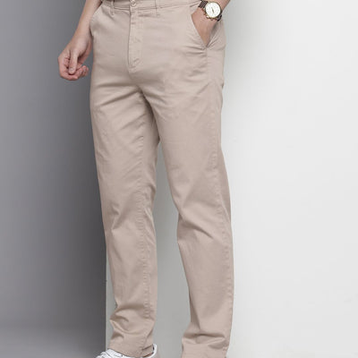 Men's Beige Regular Fit Solid Chinos