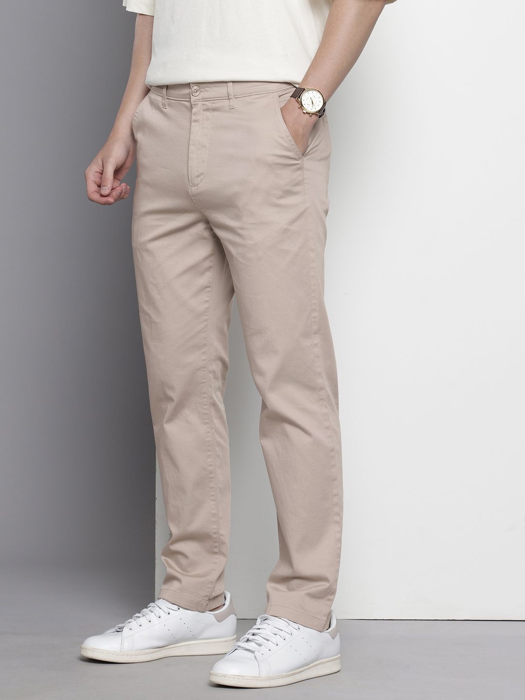 Men's Beige Regular Fit Solid Chinos