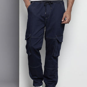 Men's Blue Relaxed Fit Solid Stretchable Denim Cargo Joggers