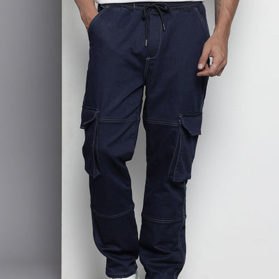 Men's Blue Relaxed Fit Solid Stretchable Denim Cargo Joggers