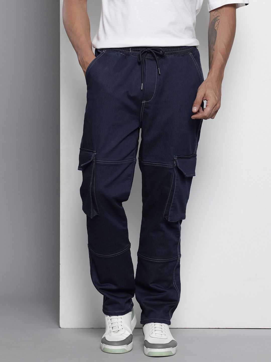 Men's Blue Relaxed Fit Solid Stretchable Denim Cargo Joggers