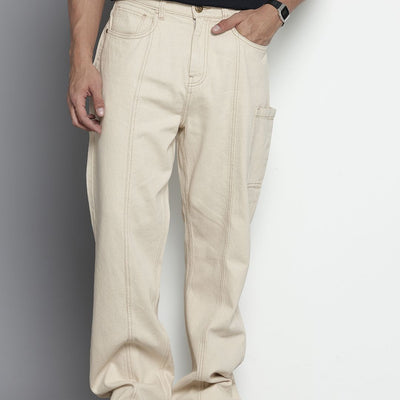 Men's Off White Wide Leg Solid Jeans