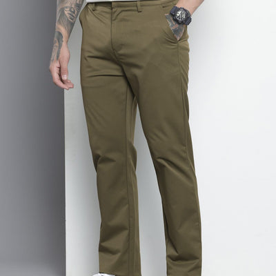Men's Olive Regular Fit Solid Trousers