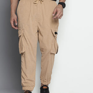 Men's Khaki Relaxed Fit Textured Corduroy Loose Joggers