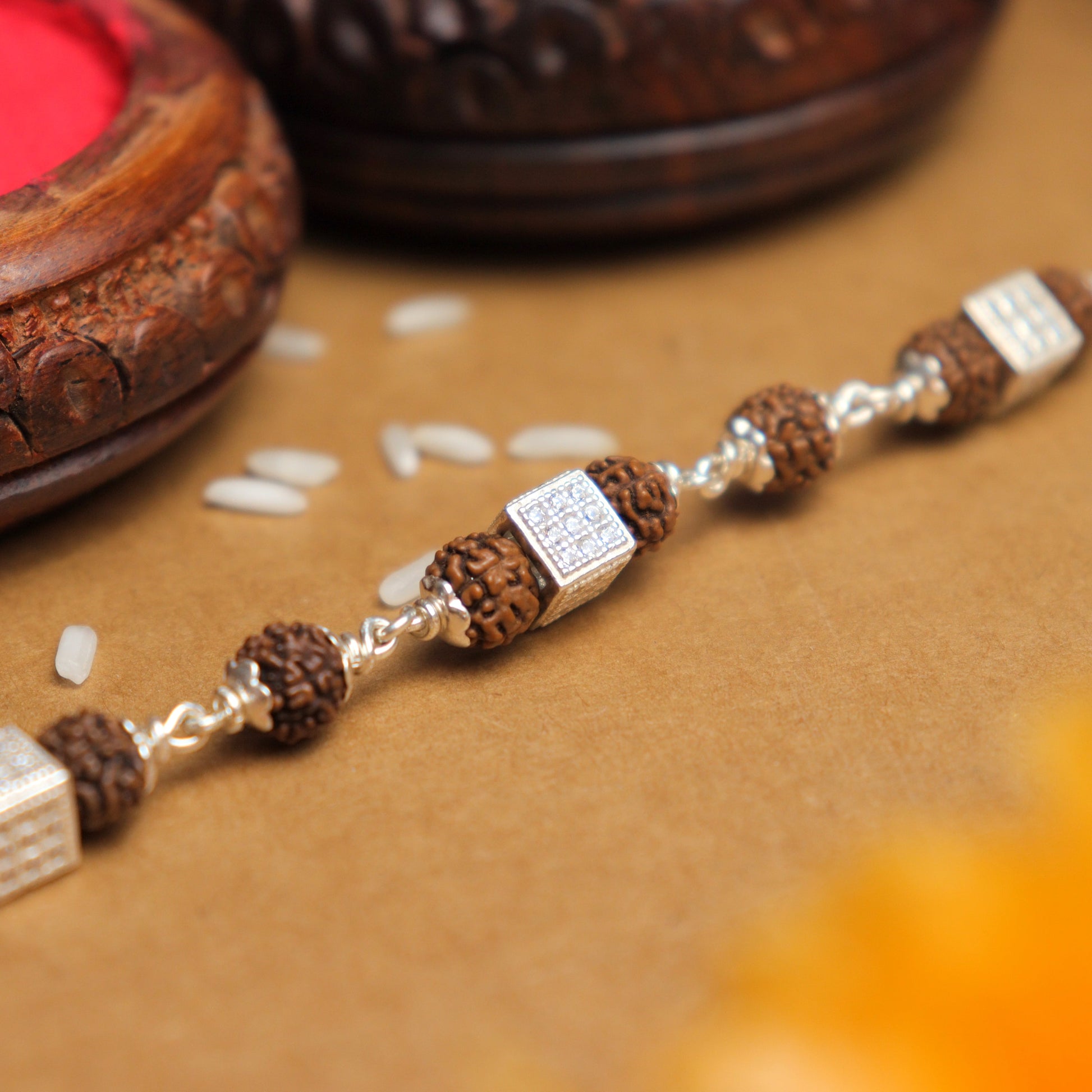 Single Line Rudraksha Silver Rakhi