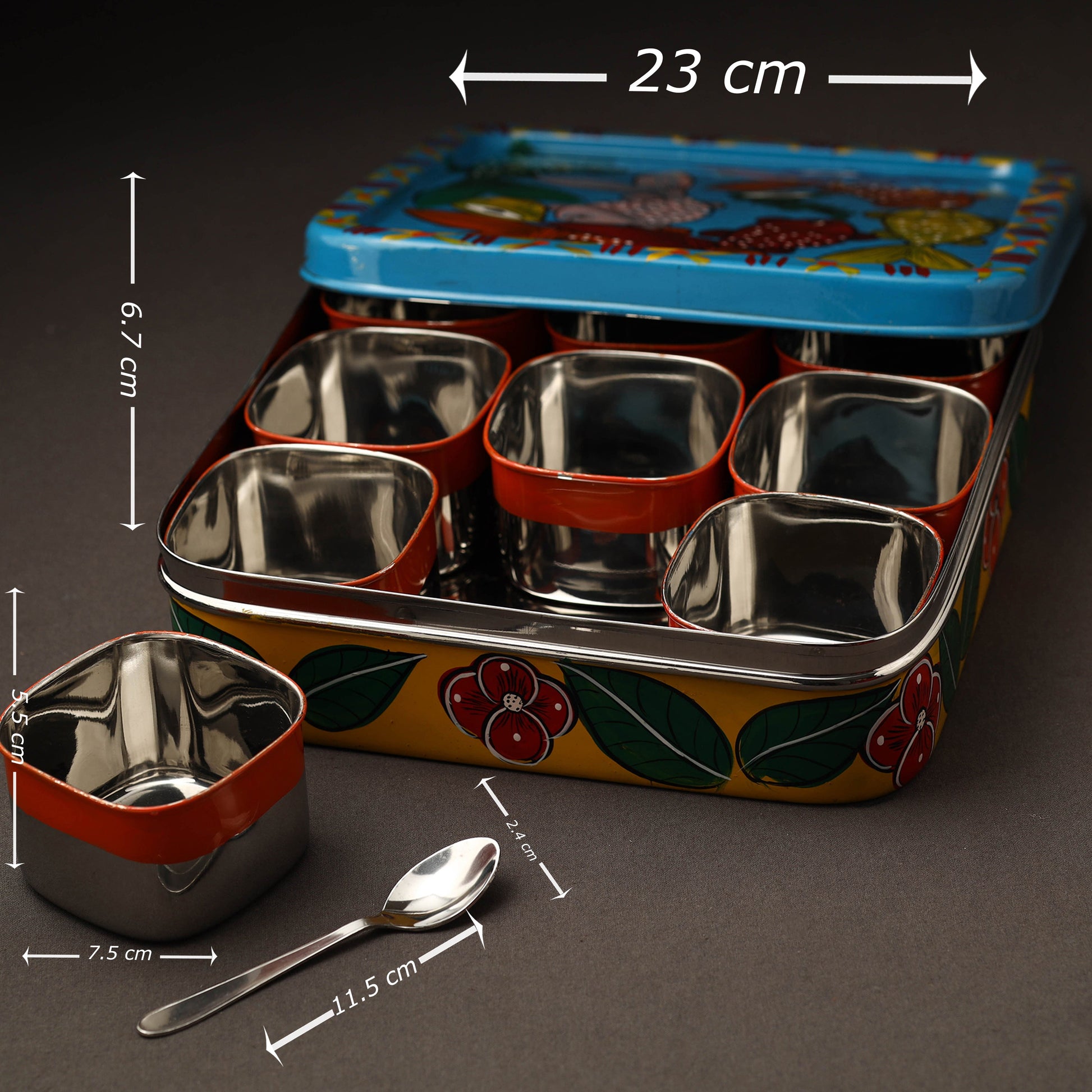 Blue - Bengal Patua Handpainted Stainless Steel Square Masala Box (9 x 9 in)