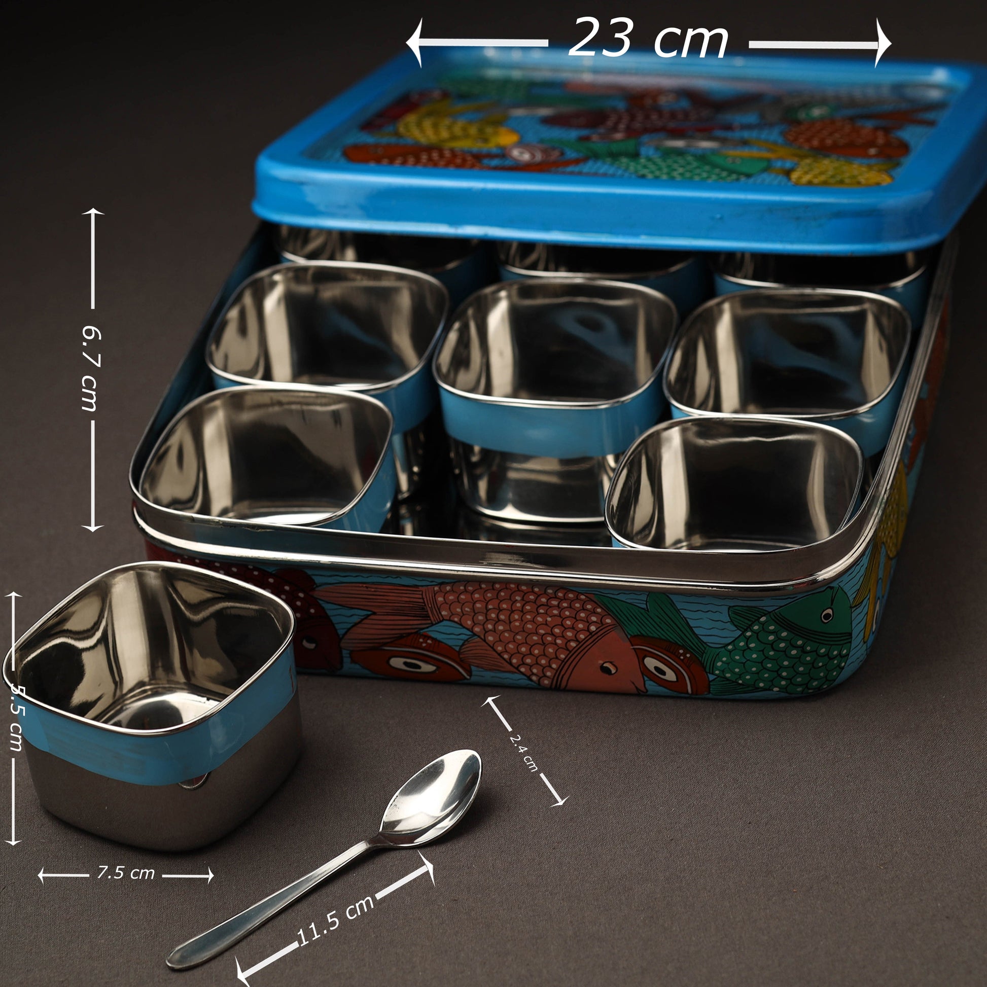 Blue - Bengal Patua Handpainted Stainless Steel Square Masala Box (9 x 9 in)