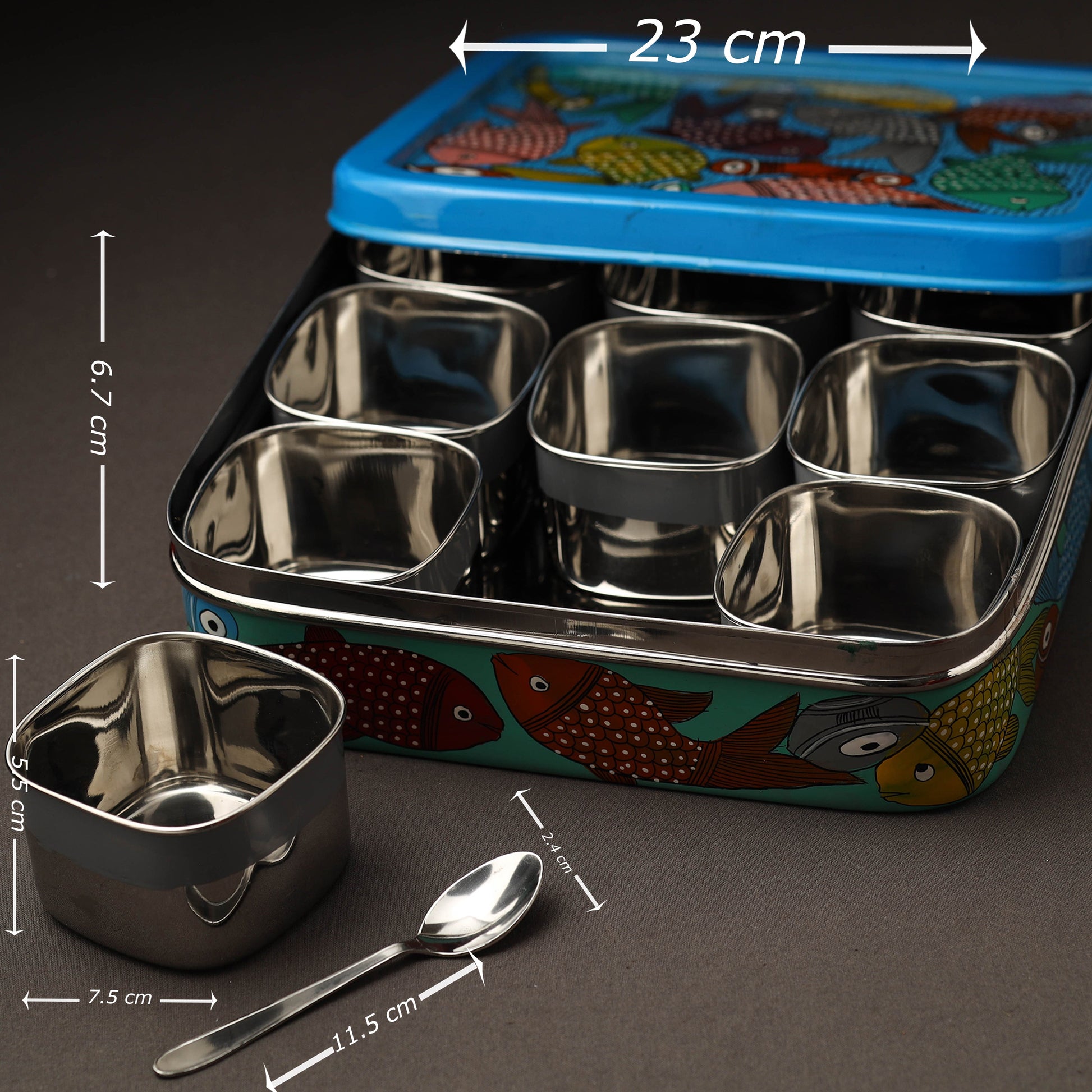 Blue - Bengal Patua Handpainted Stainless Steel Square Masala Box (9 x 9 in)