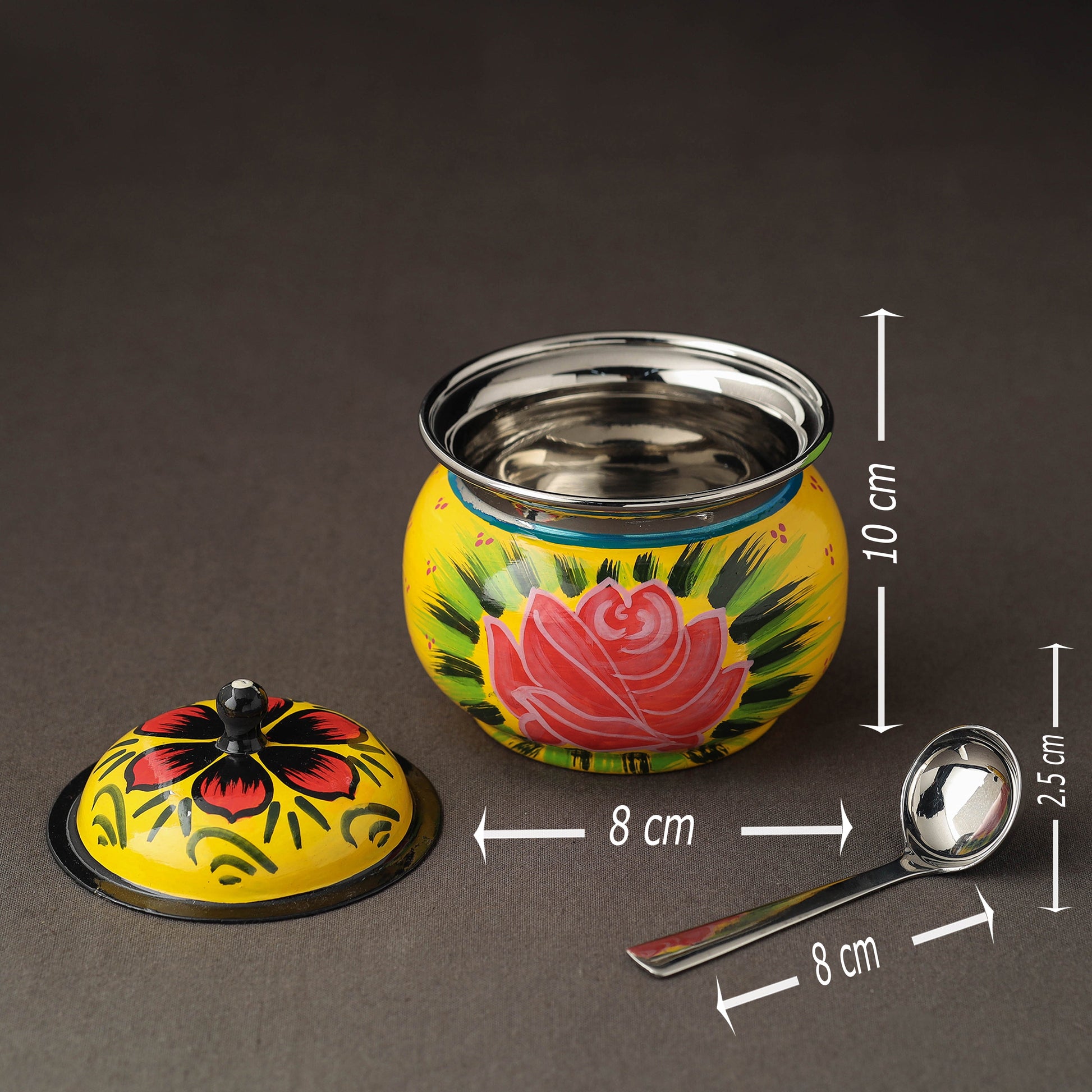 Banaras Handpainted Stainless Steel Small Ghee Pot with Spoon (250ml)