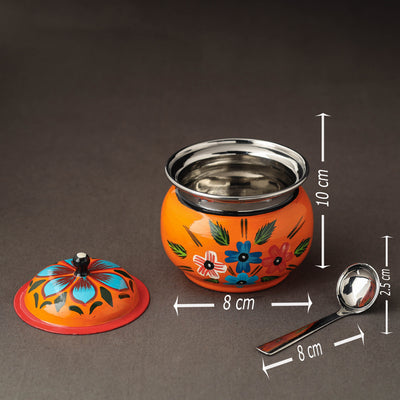 Banaras Handpainted Stainless Steel Small Ghee Pot with Spoon (250ml)