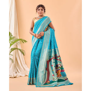 Blue - Bandhej Paithani Sky Paithani Silk Handwork Saree