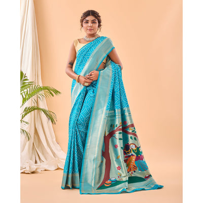 Blue - Bandhej Paithani Sky Paithani Silk Handwork Saree
