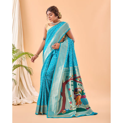 Blue - Bandhej Paithani Sky Paithani Silk Handwork Saree