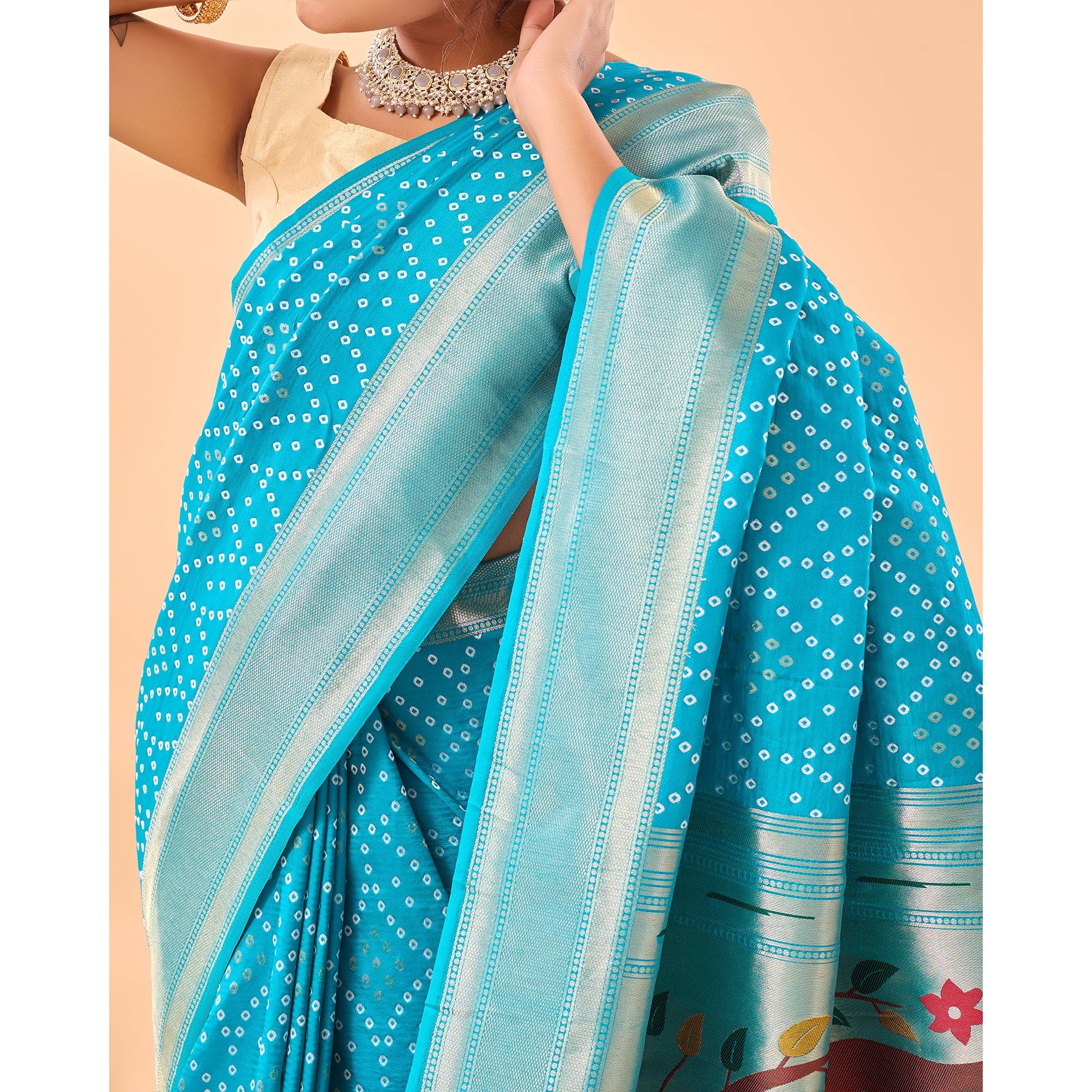 Blue - Bandhej Paithani Sky Paithani Silk Handwork Saree