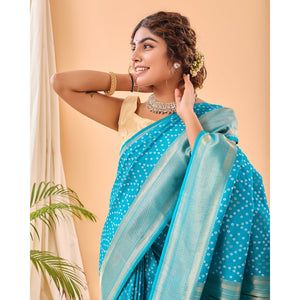 Blue - Bandhej Paithani Sky Paithani Silk Handwork Saree