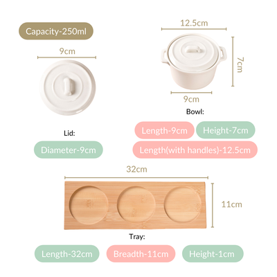 Small Ceramic Bowl Set Of 3 With Bamboo Tray 250ml