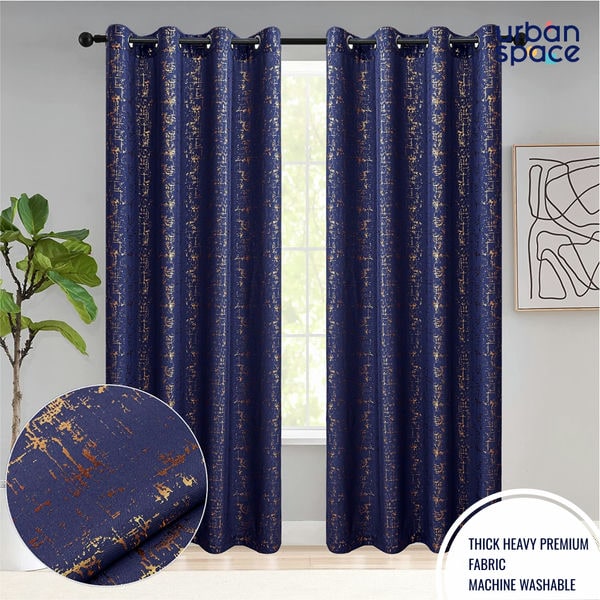 Gold Foil Printed 80-85% Blackout Curtains-  Pack of 1 Curtain - Sparkle - Navy Blue