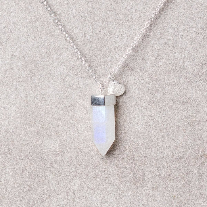 Delicate Rainbow Moonstone Crystal Point Necklace