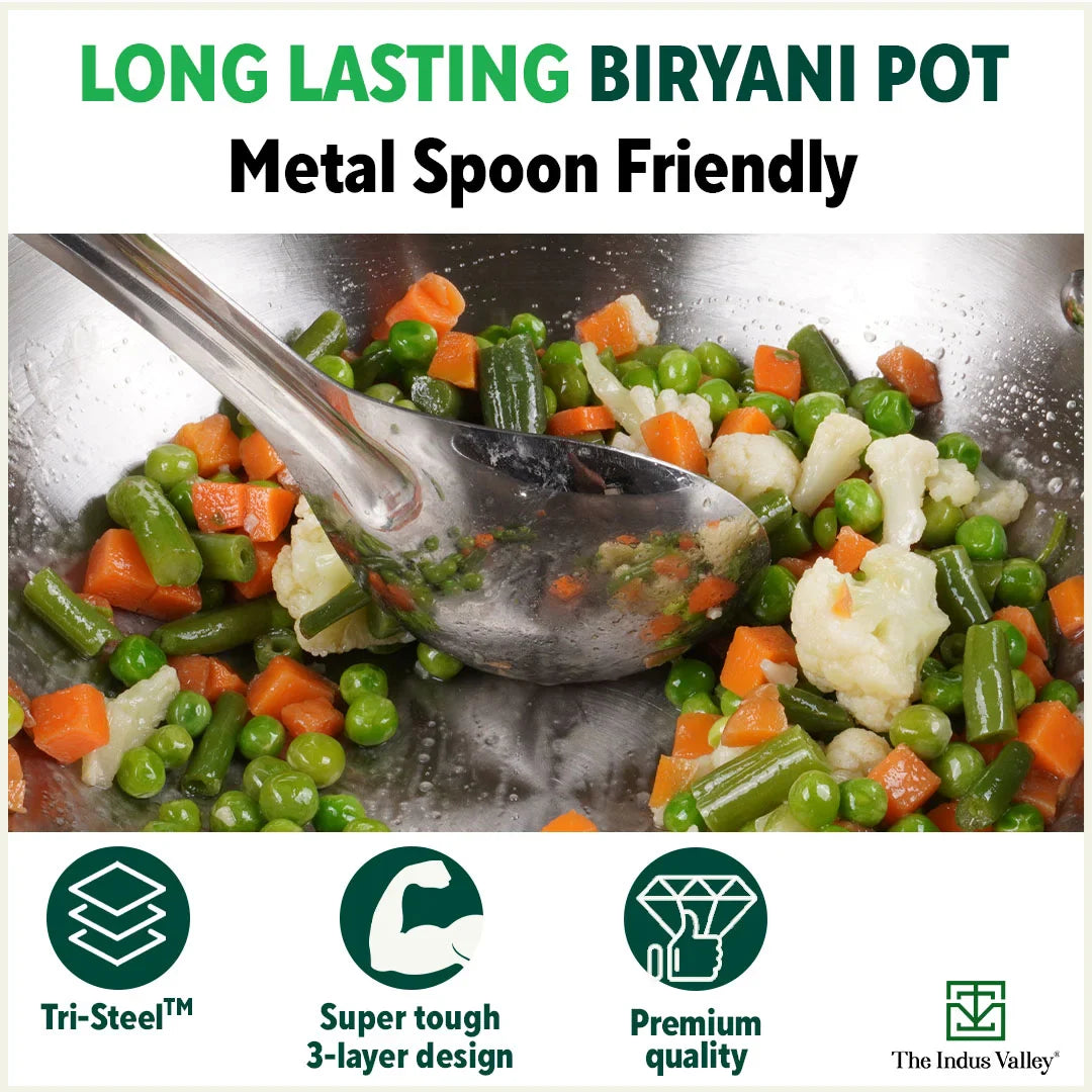 TurboCuk Tri-ply Stainless Steel Casserole/ Biryani Cooking Pot+ Steel Lid, Premium Quality, 3 Layer Thick Body, 100% Toxin-free, Non-stick, Induction & Gas, 3.1L