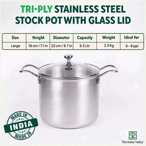 TurboCuk Tri-ply Stainless Steel Tall Biryani Pot/Casserole+ Glass Lid, Premium Quality, 3 Layer Thick Body, 100% Toxin-free, Non-stick, Induction & Gas, 6.5L
