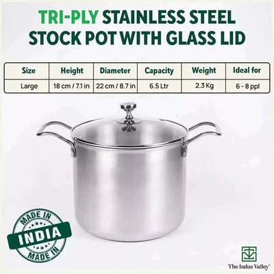 TurboCuk Tri-ply Stainless Steel Tall Biryani Pot/Casserole+ Glass Lid, Premium Quality, 3 Layer Thick Body, 100% Toxin-free, Non-stick, Induction & Gas, 6.5L