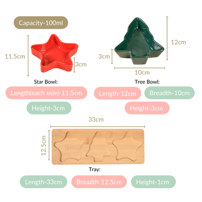 Stars And Tree Snack Bowl Set Of 3 With Wooden Serving Tray