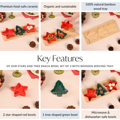 Stars And Tree Snack Bowl Set Of 3 With Wooden Serving Tray