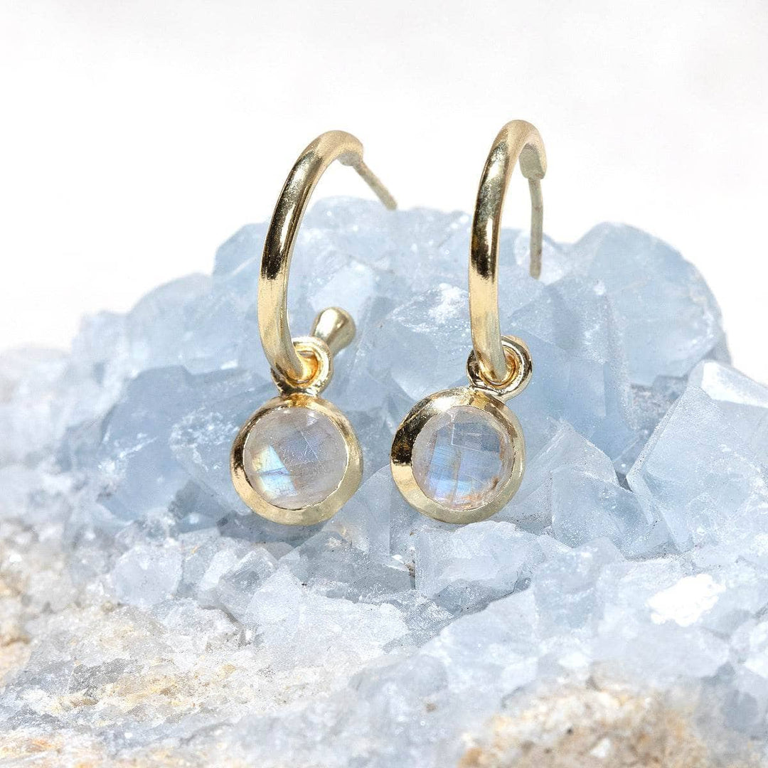 Rainbow Moonstone Silver and Golden Hoop Earrings